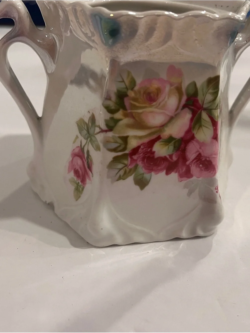 Vintage German Porcelain Floral Sugar Bowl with Pink Rose Accent